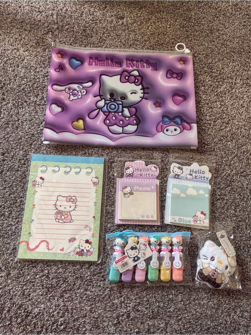 Hello Kitty 6 Pieces Stationary Bundle Lot with Handmade Plush Keychain
